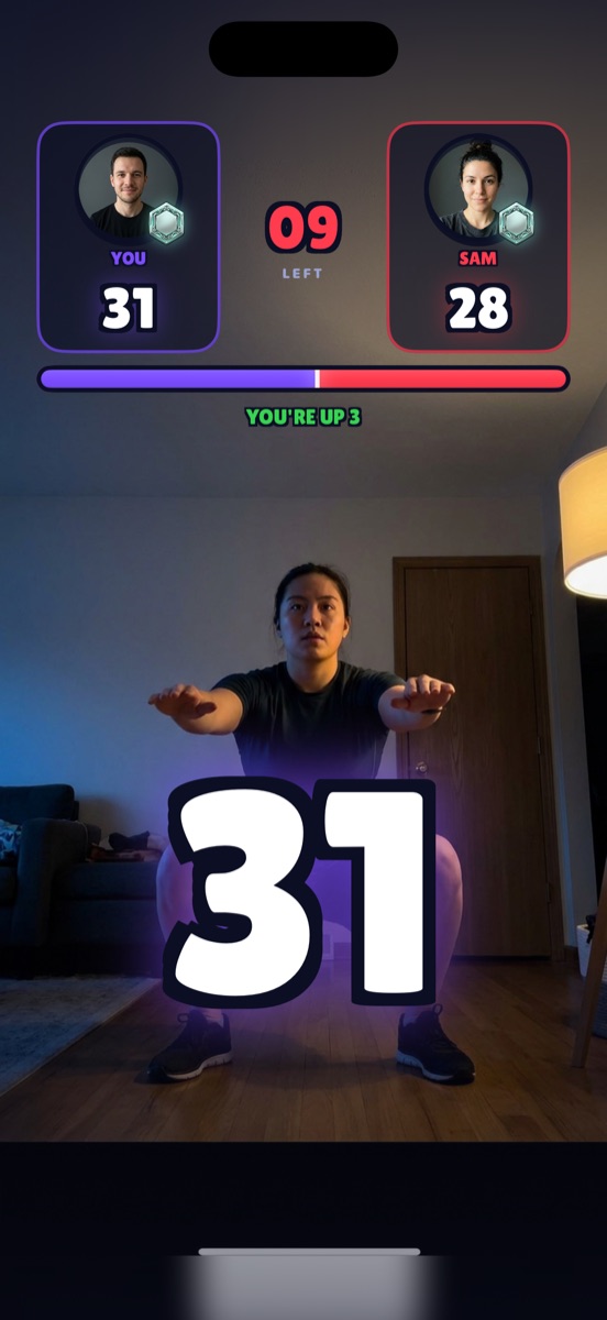 A live 1v1 duel, 31 reps against 28 with nine seconds left