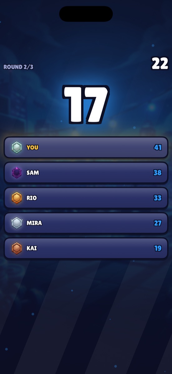 A crew room mid-round with five members and their live rep counts ranked